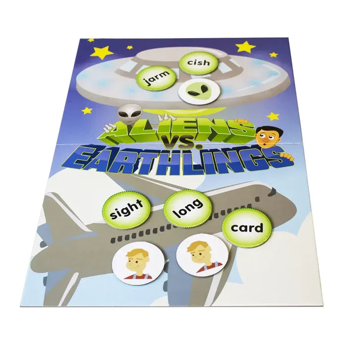 Aliens vs. Earthlings phonics board game with green word tokens and character pieces on space and sky backgrounds.