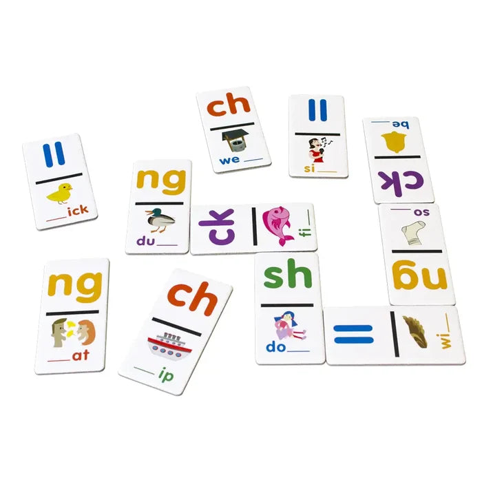 Colorful phonics domino tiles featuring letter digraphs, illustrations, and partial words on a white background.