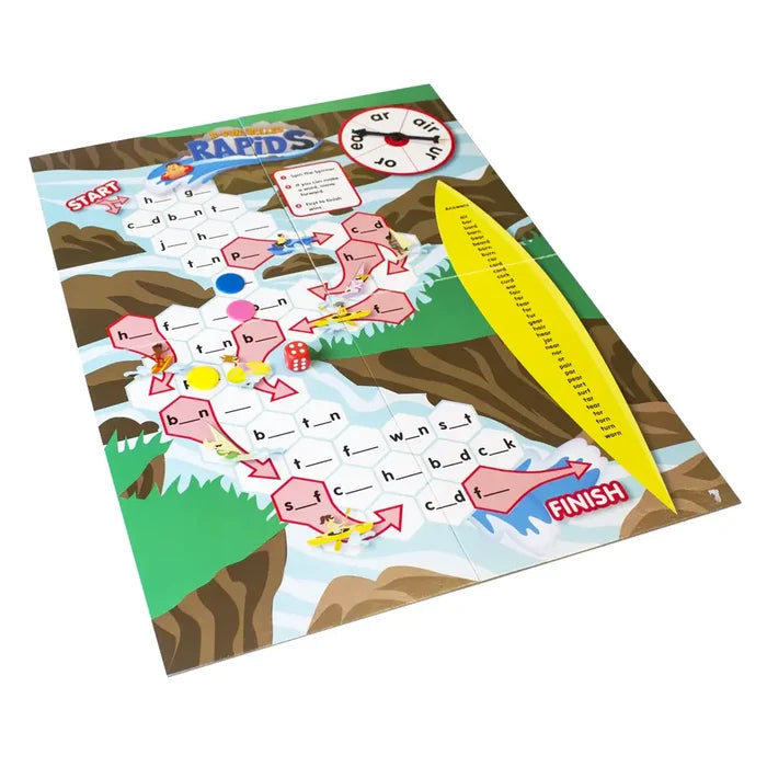 River-themed board game "R-Controlled Rapids" with phonics word puzzles, a spinner, dice, and kayak playing pieces.