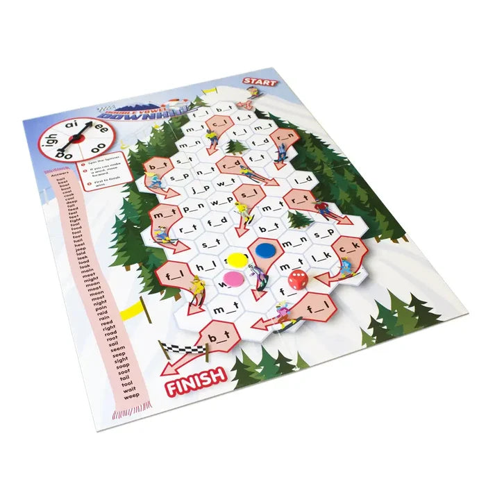 Snowy mountain board game featuring word puzzles, a letter spinner, and colorful game pieces for phonics practice.