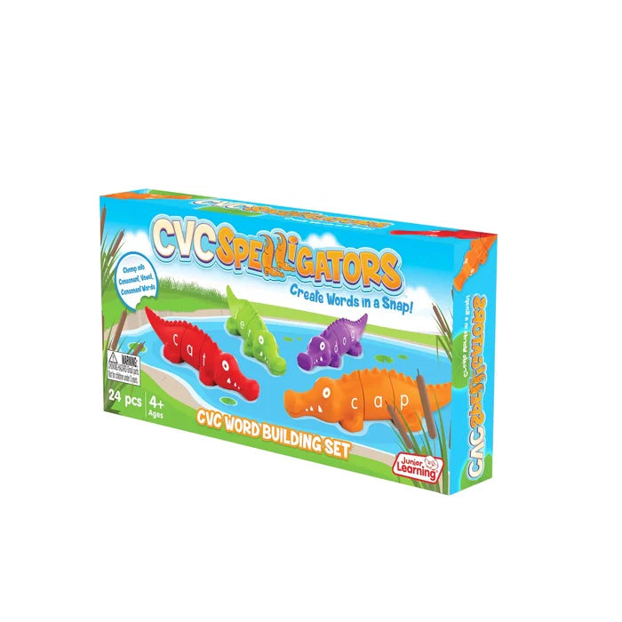 Blue game box showing red, green, purple, and orange snapping alligators that spell three-letter words.