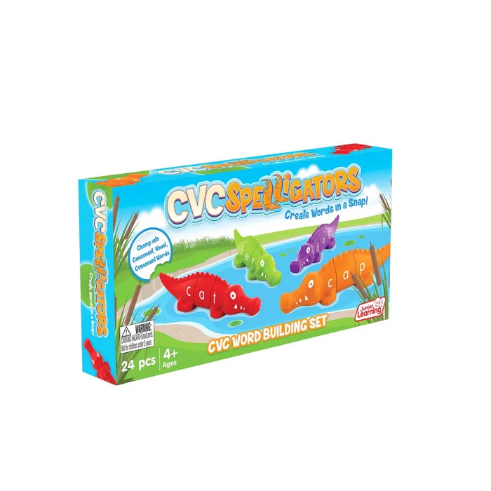 CVC Spelligators word building set box featuring colorful red, green, purple, and orange snap-together toy alligators.