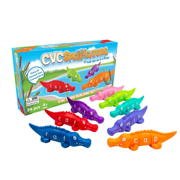 Colorful segmented plastic alligators spelling three-letter words beside their bright blue illustrated box.