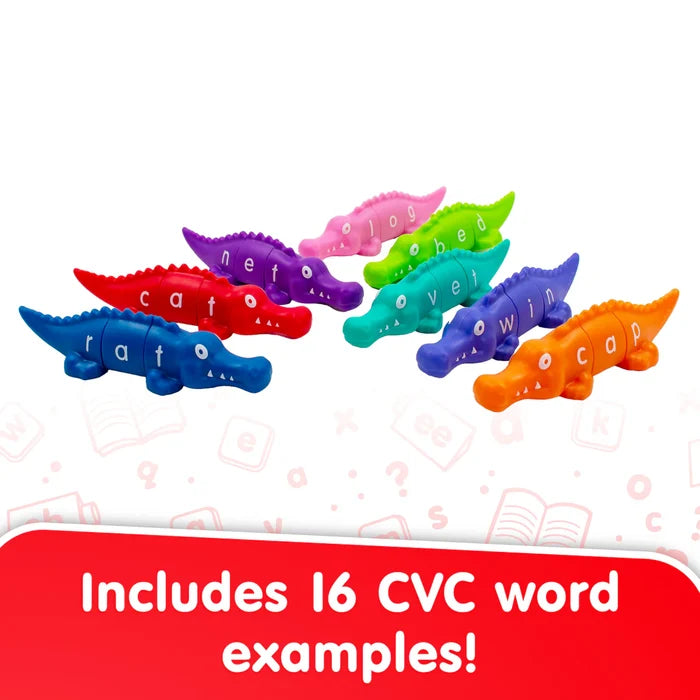 Seven colorful snap-together toy alligators in three segments that spell simple CVC words like rat, cat, and net.