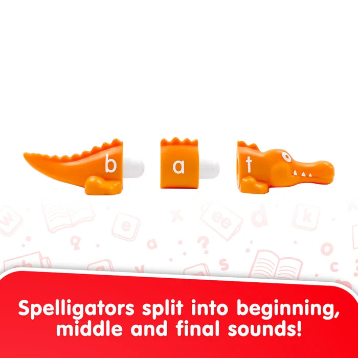 Orange alligator toy segments with letters b, a, and t to spell bat and teach beginning, middle, and final sounds.