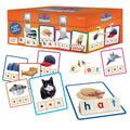 Orange toolbox-shaped box with letter blocks and cards featuring images like a cat, hat, jet, and pot.