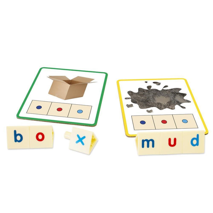 Two picture cards for box and mud with color-coded blue and red letter tiles spelling the words below.