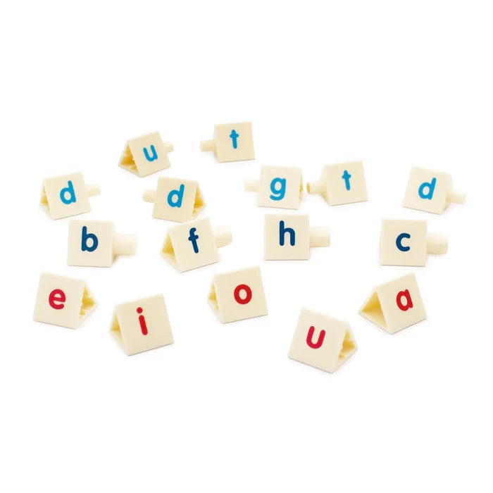 Scattered cream-colored triangular tiles featuring blue lowercase consonants and red vowels on a white background.