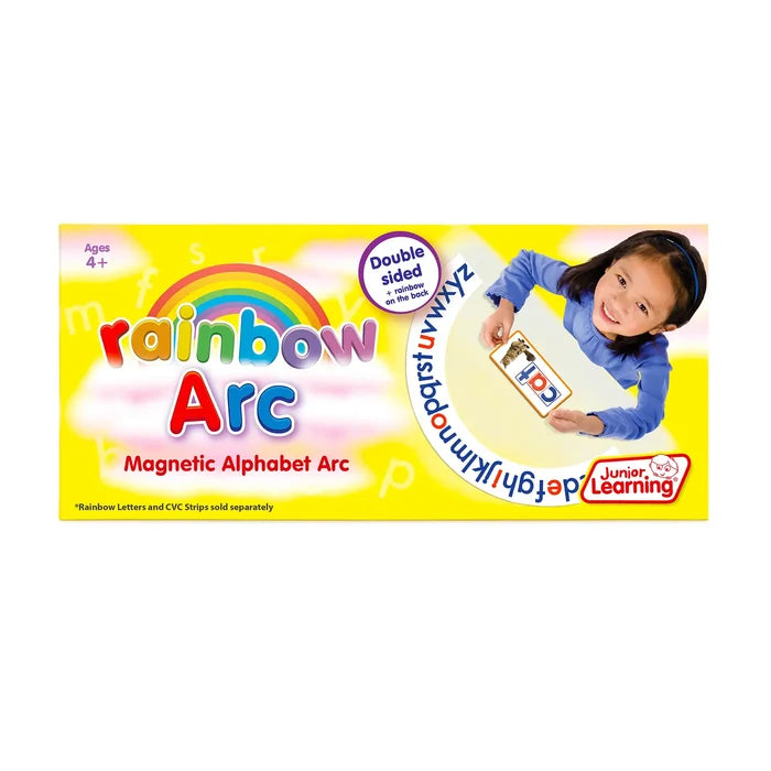 Bright yellow box for Magnetic Rainbow Alphabet Arc toy with a rainbow logo and a girl playing with a white board.
