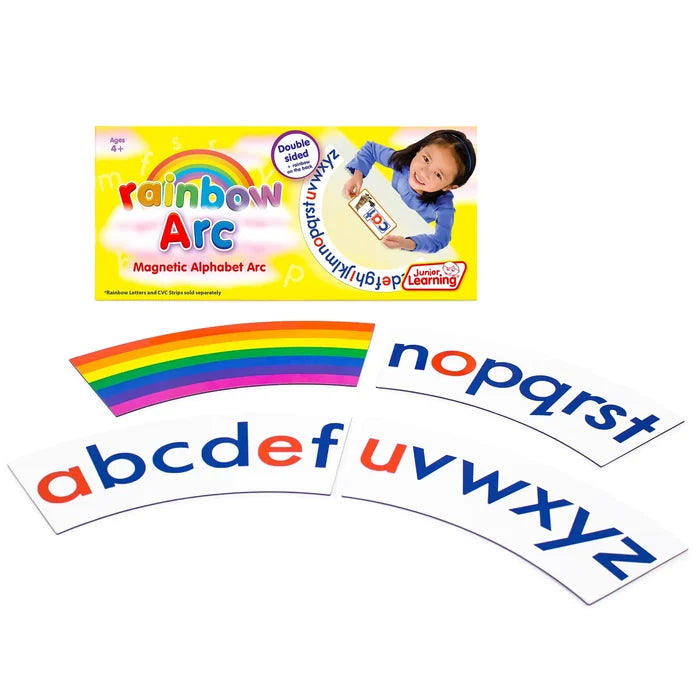 Yellow toy box and magnetic strips: one rainbow arc and three with red and blue lowercase alphabet letters.