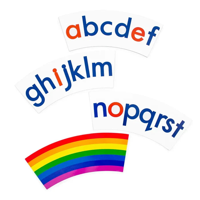 Three white arc strips with red and blue lowercase letters a-t and one colorful rainbow-striped arc.