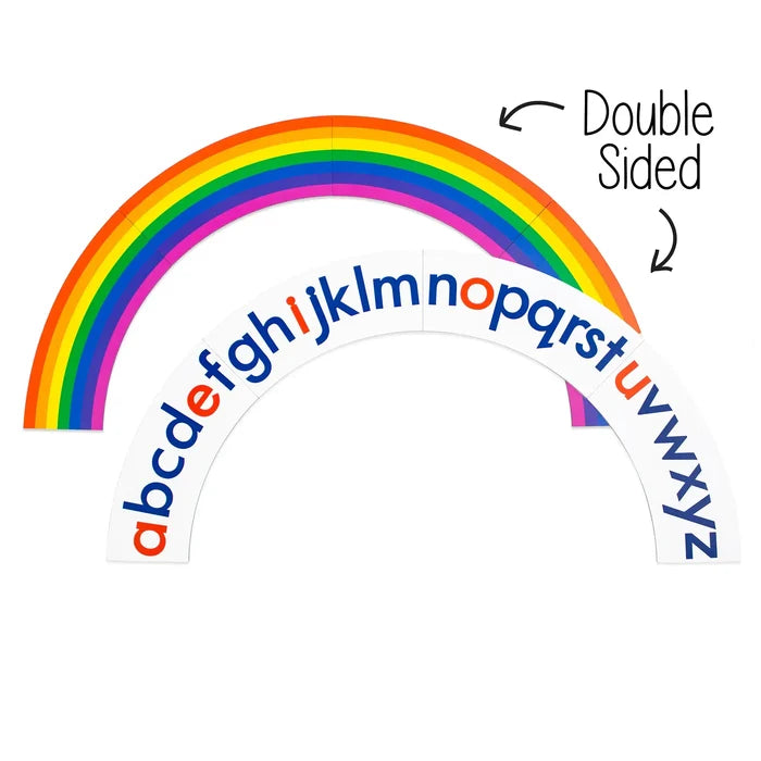 Double-sided magnetic arc with a colorful rainbow and a white side featuring a lowercase alphabet in blue and red.