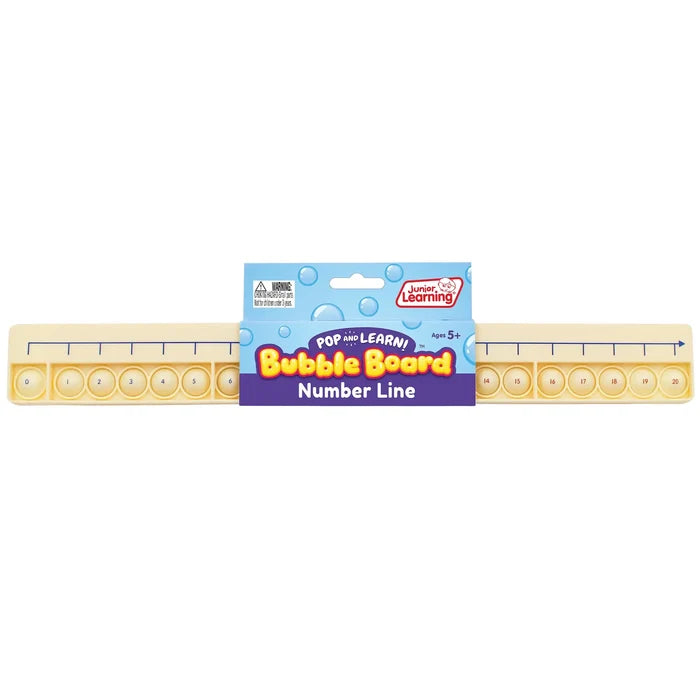 Long cream number line board with pop bubbles numbered 0-20 and blue cardboard packaging in the center.