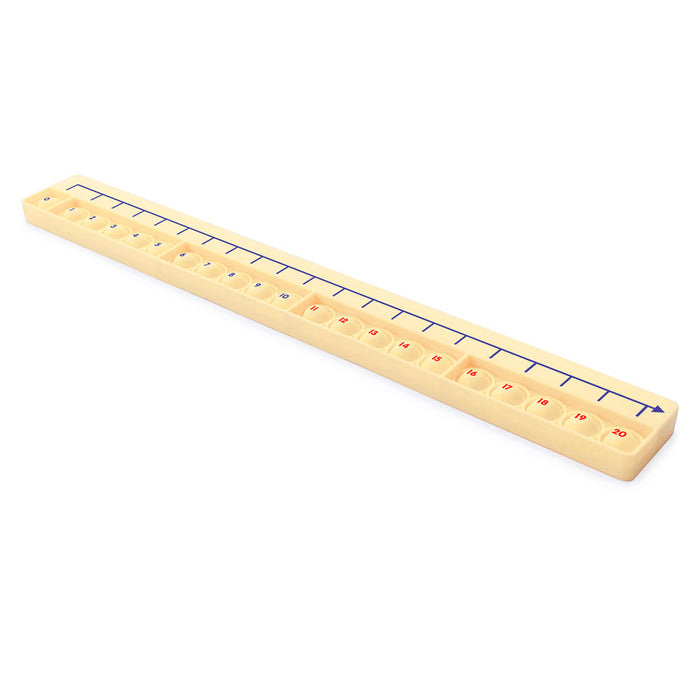 Long cream rectangular board with a blue number line above 21 pop-it bubbles numbered 0-20 in red.