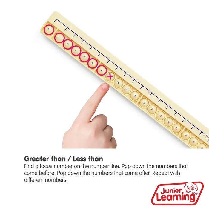 Cream board with a number line and pop-down bubbles numbered 0-20. A finger points to bubble 7 marked with a red X.