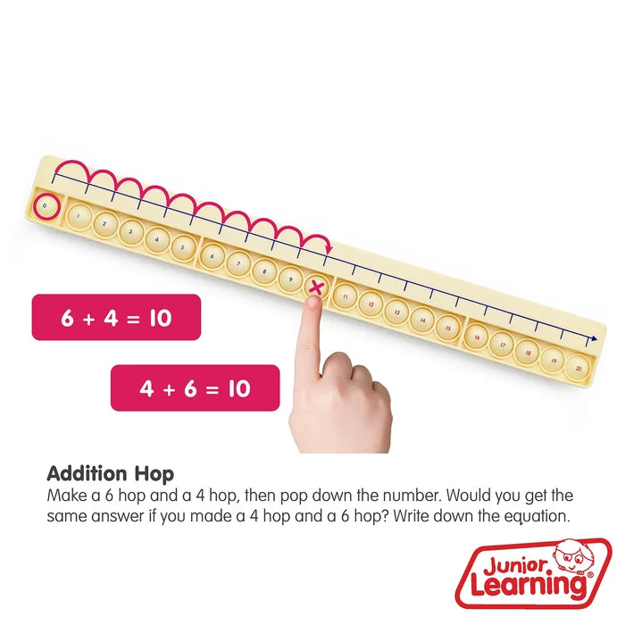 Long cream number line board with numbered pop bubbles 0-20, red hopping lines, and addition equations.