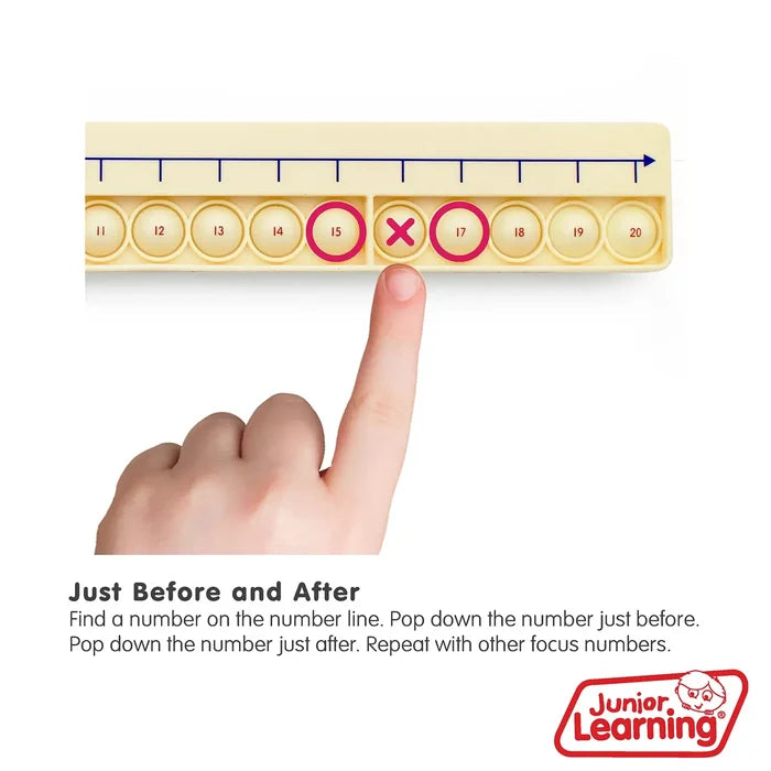 Hand pressing an X on a cream bubble board featuring a blue number line and circular bubbles numbered 11 to 20.