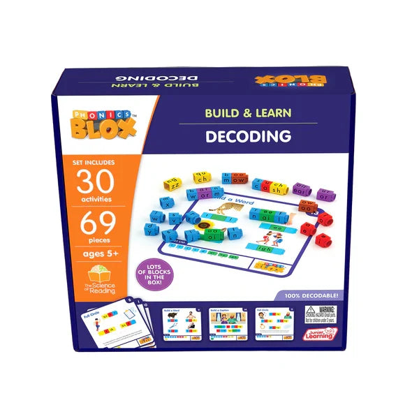 Phonics Blox Decoding box with 69 colorful letter blocks, activity board, and instruction cards for ages 5+.