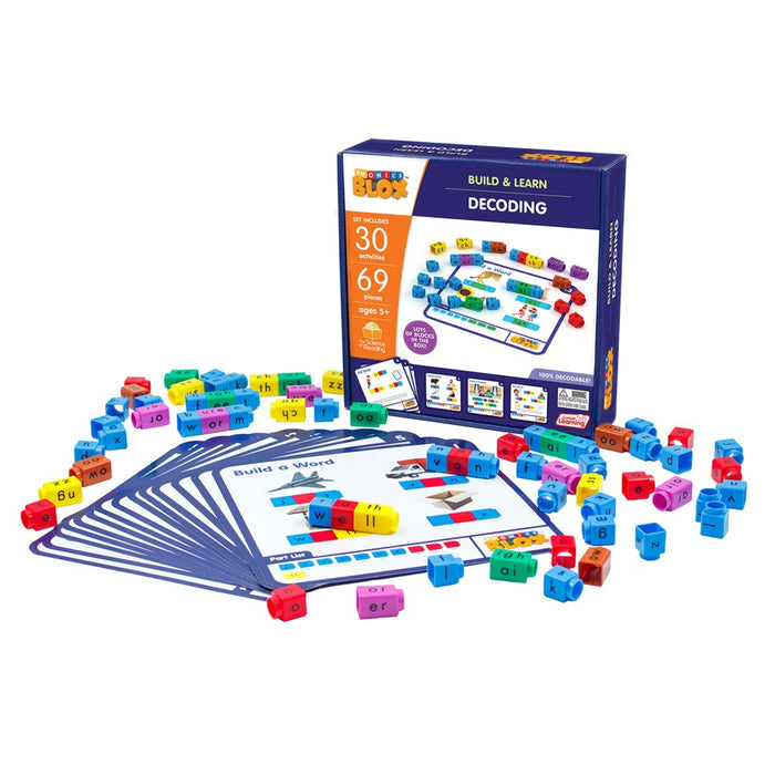 Colorful connecting blocks with letters and phonemes, activity cards, and a blue illustrated storage box.