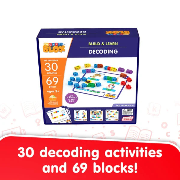Dark blue box showing colorful letter cubes and cards. A red banner says 30 decoding activities and 69 blocks.