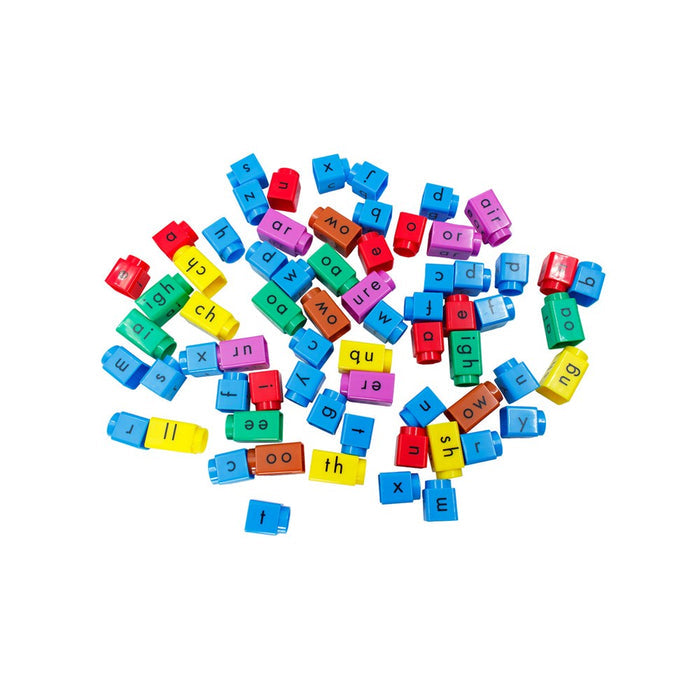 Colorful interlocking plastic blocks featuring printed letters and phonics sounds scattered on a white background.
