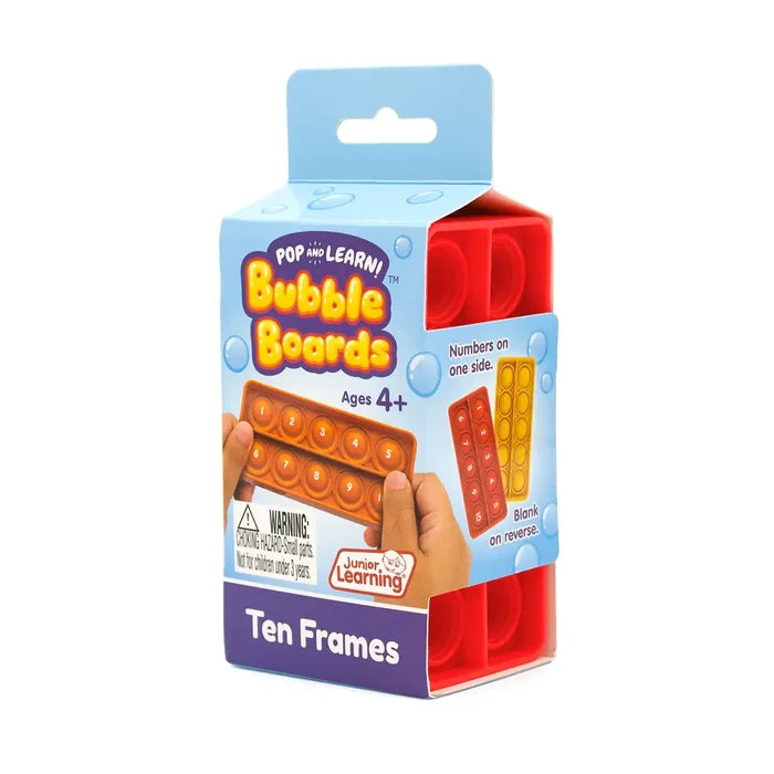 Blue box containing red silicone ten-frame bubble boards with numbers 1-10 on one side and a blank reverse.