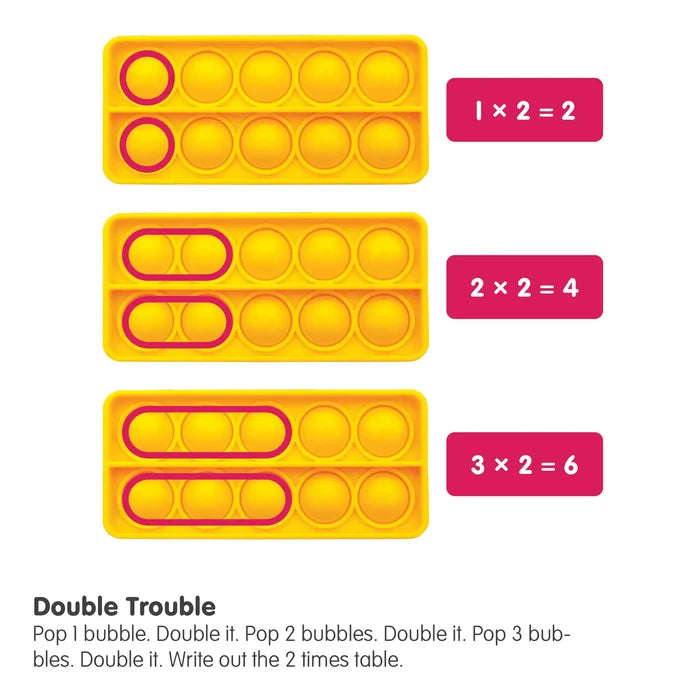 Yellow pop-it ten frames demonstrating the two times table with pink outlines and multiplication labels.