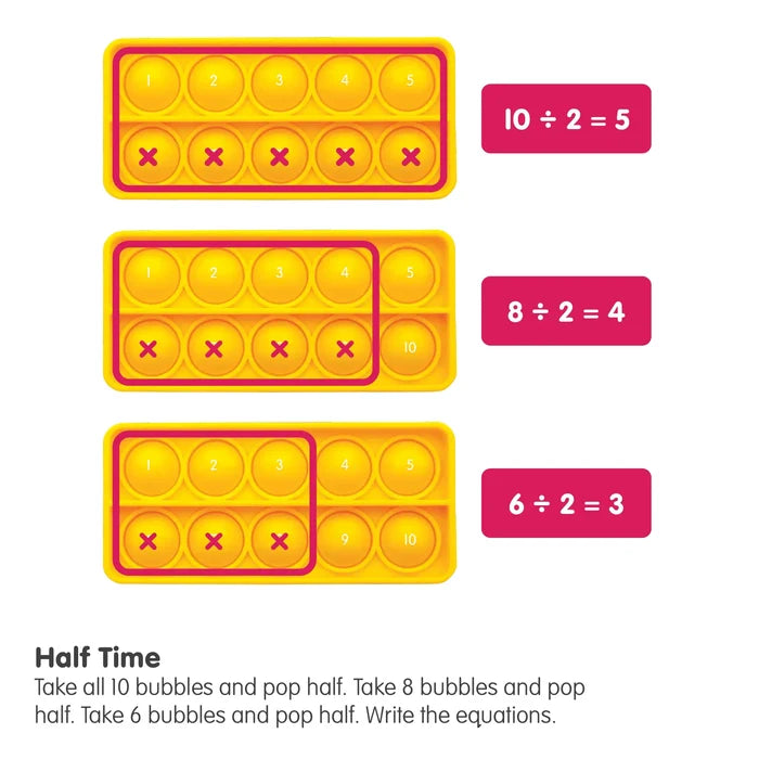 Three yellow ten-frame bubble boards showing division equations using numbered buttons and buttons marked with an X.