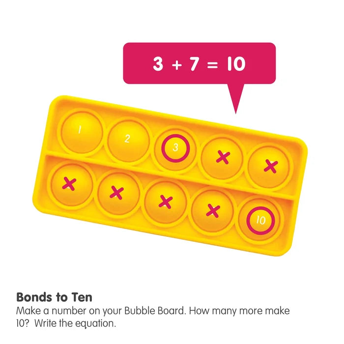 Yellow ten-frame bubble popper showing numbers and red Xs to illustrate the addition equation 3 + 7 = 10.