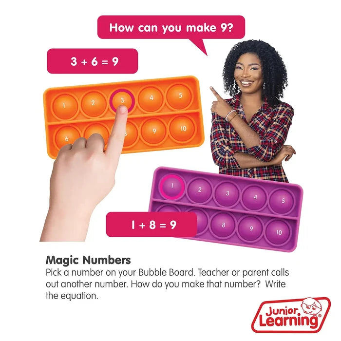 Orange and purple ten-frame bubble boards numbered 1-10 with addition equations for early math learning.