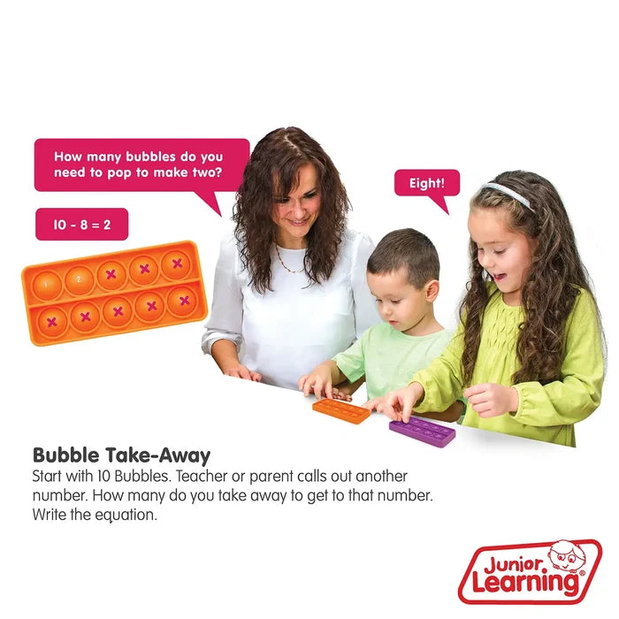 Woman and children using orange and purple silicone ten-frame bubble boards for subtraction math lessons.