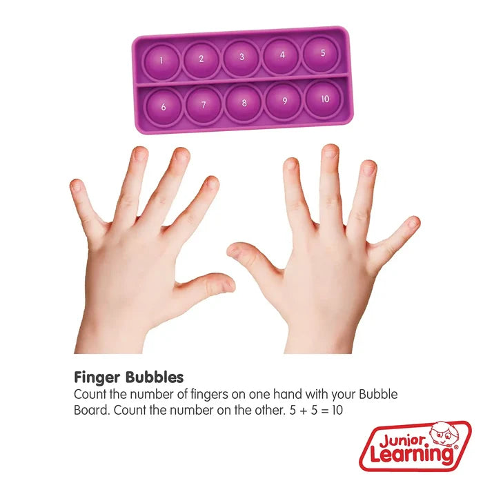 Numbered purple ten-frame bubble board shown with child hands spread wide to demonstrate counting up to ten.