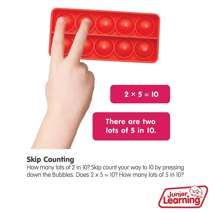 Red silicone ten-frame bubble board with a hand pressing bubbles to illustrate skip counting and 2 x 5 = 10.