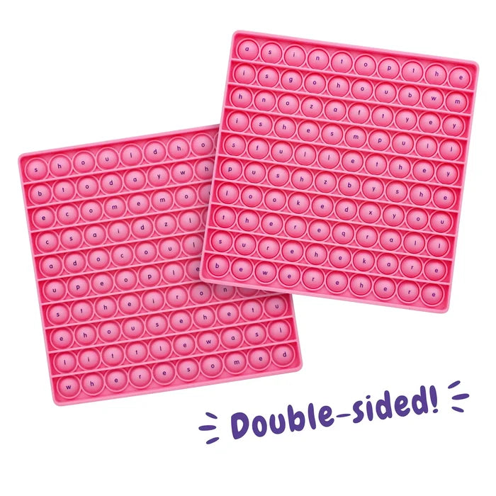 Two pink square silicone bubble pop boards with a grid of letters and blue text reading Double-sided!
