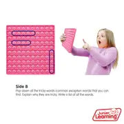 Pink alphabet bubble board with circled words next to a girl holding the toy and pointing.