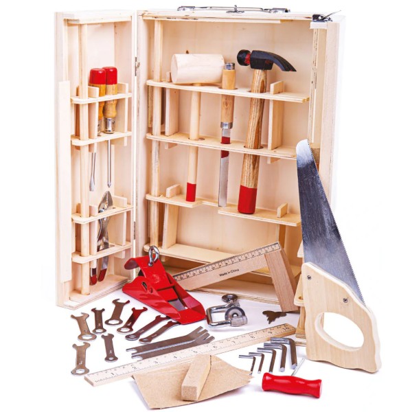 Open wooden tool box with handle, containing a hammer, saw, mallet, and metal tools with natural wood and red accents.