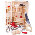 Open wooden tool box with handle, containing a hammer, saw, mallet, and metal tools with natural wood and red accents.