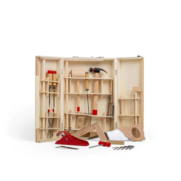 Open wooden three-panel tool kit with miniature hand tools including a hammer, saw, red hand plane, and screwdrivers.