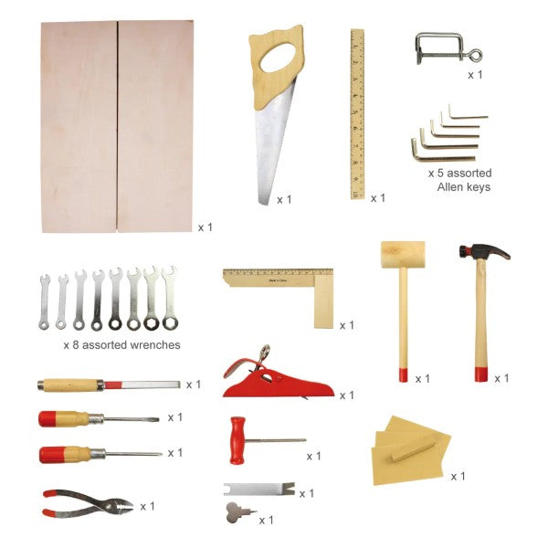 Toy woodworking set with a hand saw, hammer, wrenches, and screwdrivers featuring natural wood and red accents.