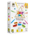 White Just One game box featuring six colorful dry-erase easels, markers, and game cards on a white background.