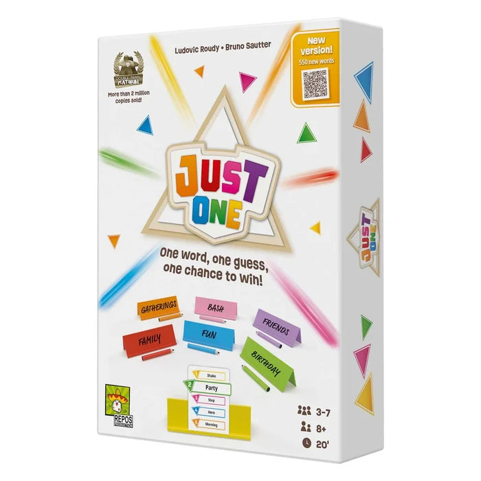 White box for Just One Refresh featuring colorful plastic word easels, dry-erase markers, and game stats icons.