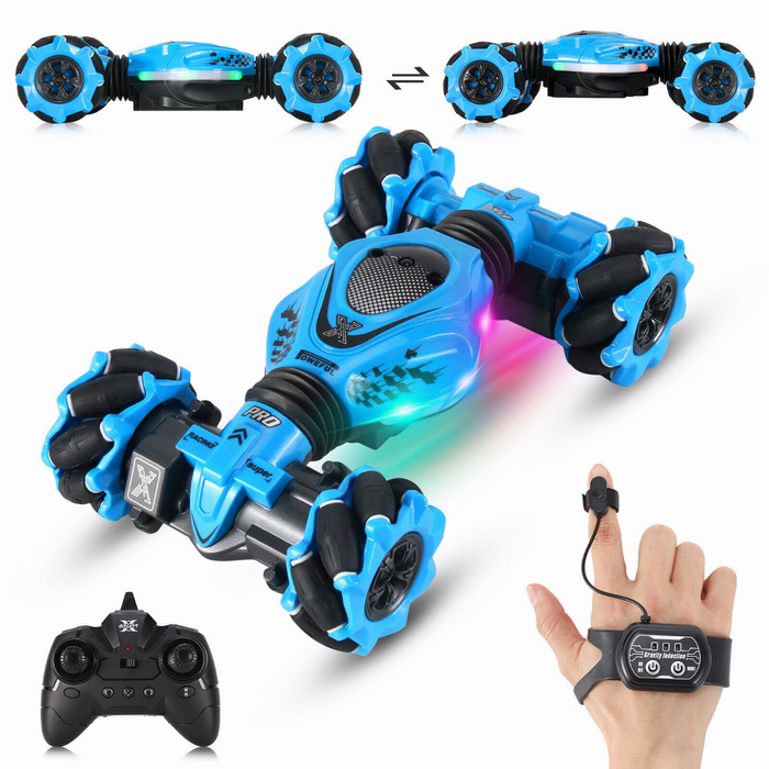 Blue twist car with mecanum wheels, shown with handheld remote and gesture sensing wristband controller.