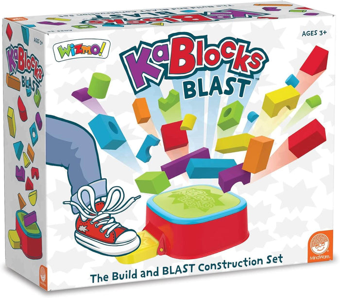 Toy box showing a red sneaker stepping on a lever to launch colorful geometric blocks from a red and blue base.