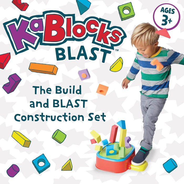 Child stomps a yellow pad to launch colorful foam blocks into the air from a red base. Ages 3 plus construction set.