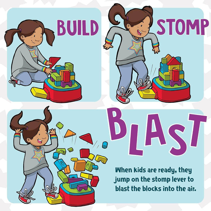 Illustration shows a girl building a tower, stomping a yellow lever, and blasting colorful blocks into the air.