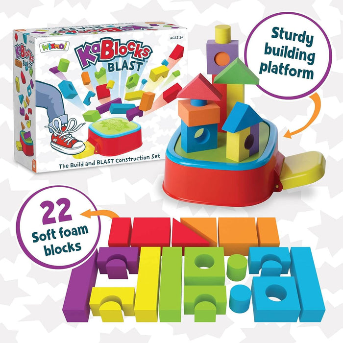 Product box and 22 colorful foam blocks in various shapes stacked on a red launcher base with a yellow lever.