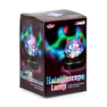 Box for a kaleidoscope lamp with an image of its faceted dome casting vibrant, colorful light patterns.