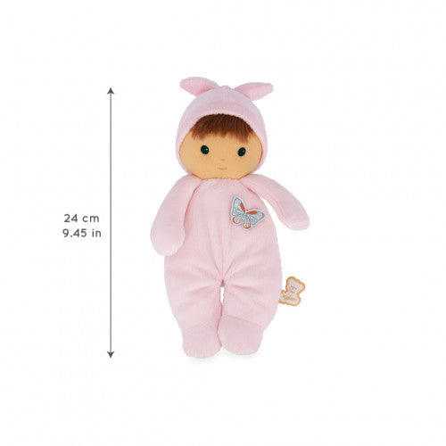 Soft pink plush baby doll wearing a bunny-ear hood and a butterfly patch on its chest. Measures 24cm tall.