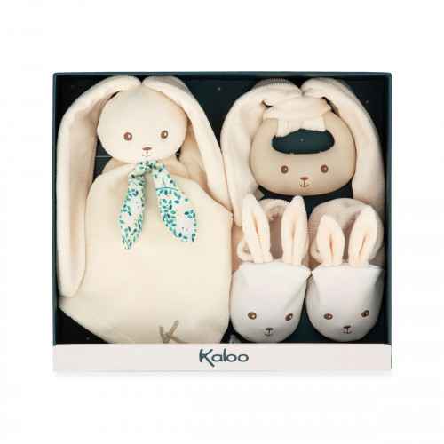 Cream bunny gift set featuring a soft plush toy, teething ring, and matching booties in a dark blue display box.