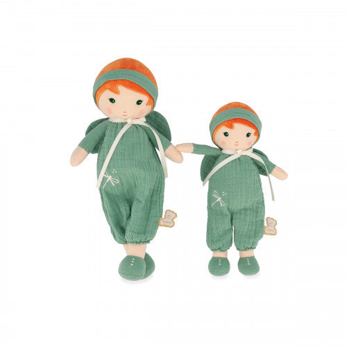 Two plush dolls with orange hair, green headbands, and green muslin rompers with white dragonfly embroidery.
